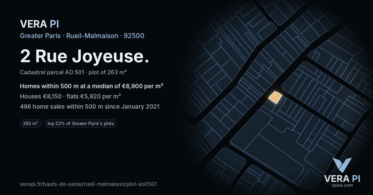2 Rue Joyeuse, Rueil-Malmaison at night – the plot lit, the parcels around coloured by the prices near them