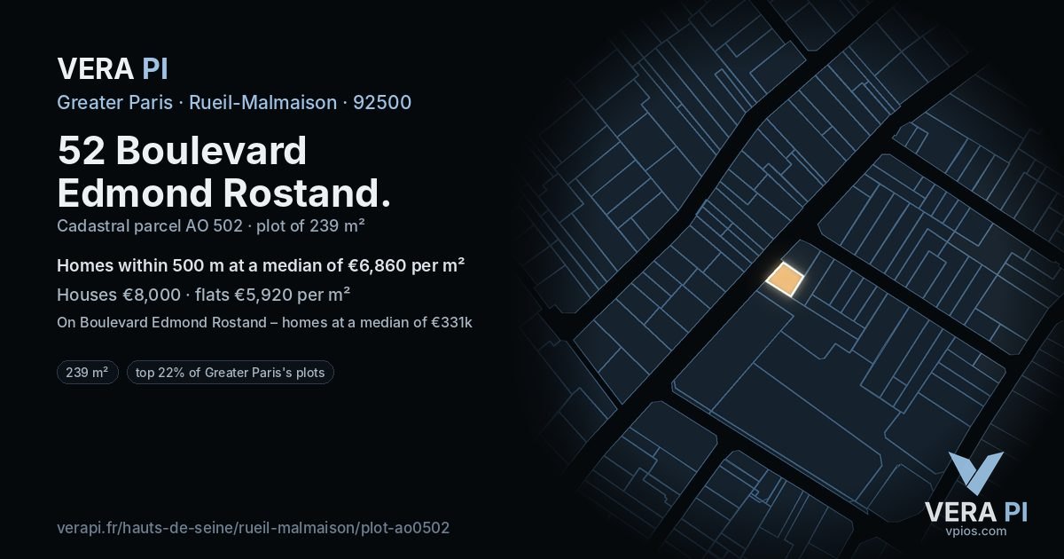 52 Boulevard Edmond Rostand, Rueil-Malmaison at night – the plot lit, the parcels around coloured by the prices near them