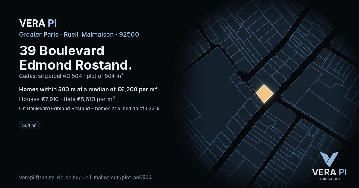 39 Boulevard Edmond Rostand, Rueil-Malmaison at night – the plot lit, the parcels around coloured by the prices near them