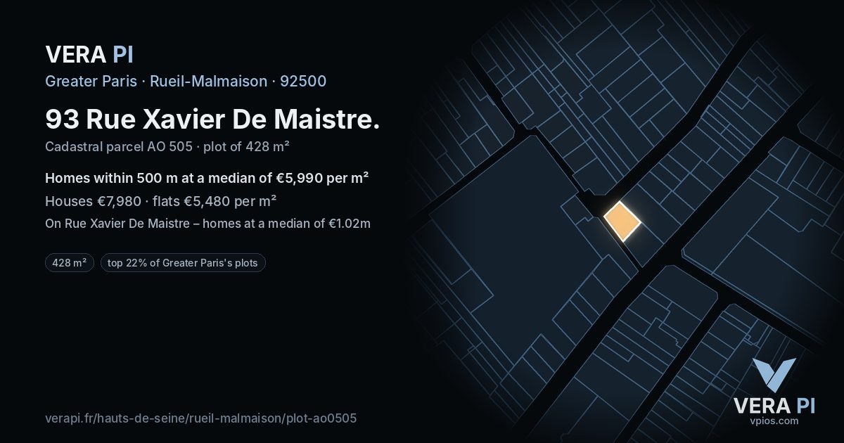 93 Rue Xavier De Maistre, Rueil-Malmaison at night – the plot lit, the parcels around coloured by the prices near them