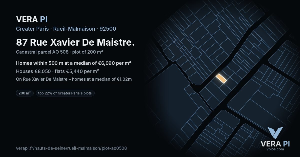 87 Rue Xavier De Maistre, Rueil-Malmaison at night – the plot lit, the parcels around coloured by the prices near them
