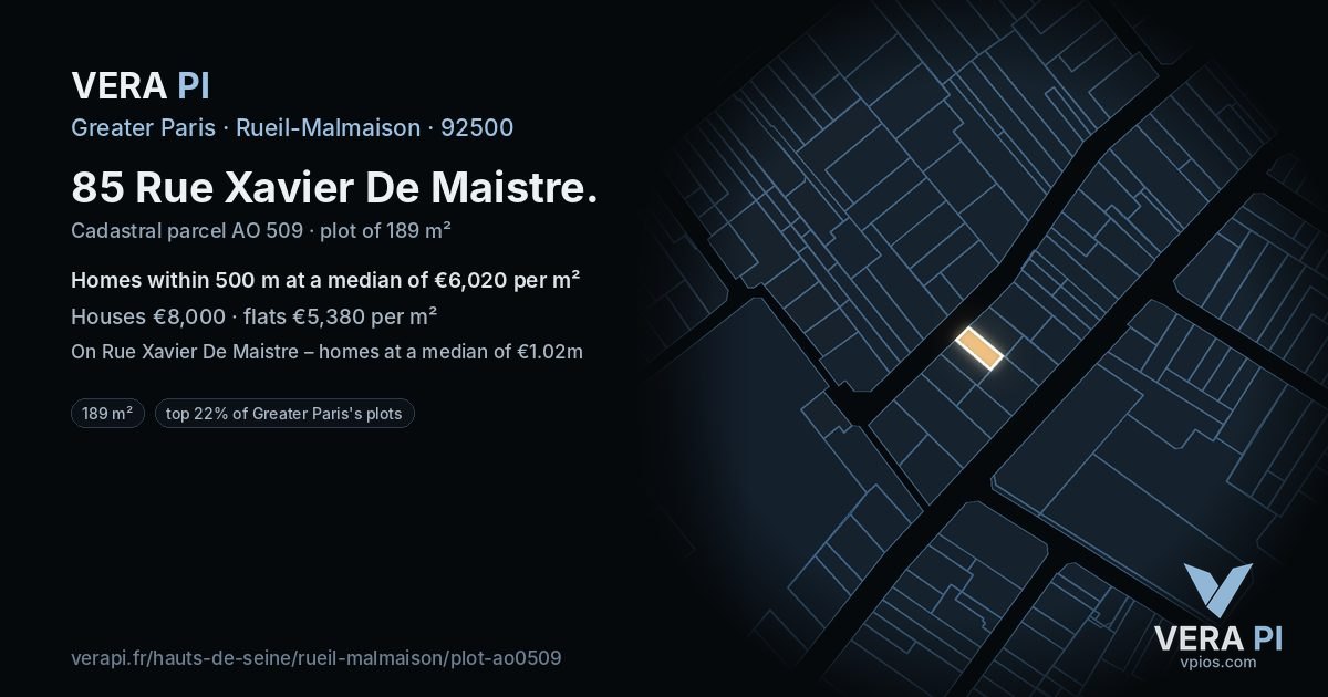 85 Rue Xavier De Maistre, Rueil-Malmaison at night – the plot lit, the parcels around coloured by the prices near them