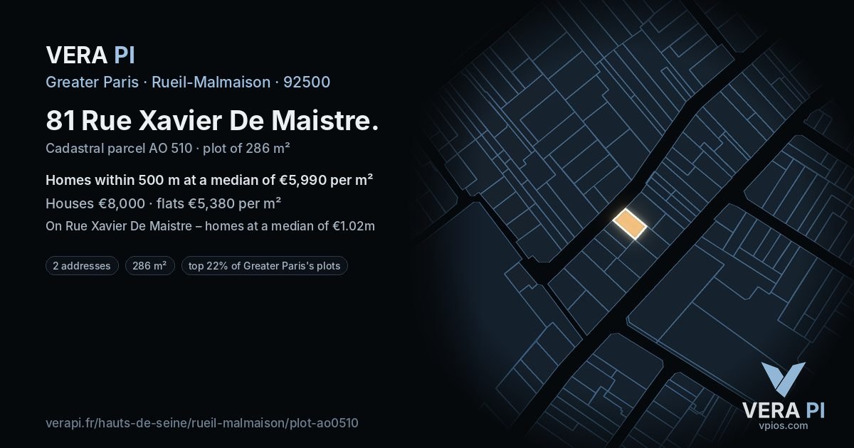 81 Rue Xavier De Maistre, Rueil-Malmaison at night – the plot lit, the parcels around coloured by the prices near them