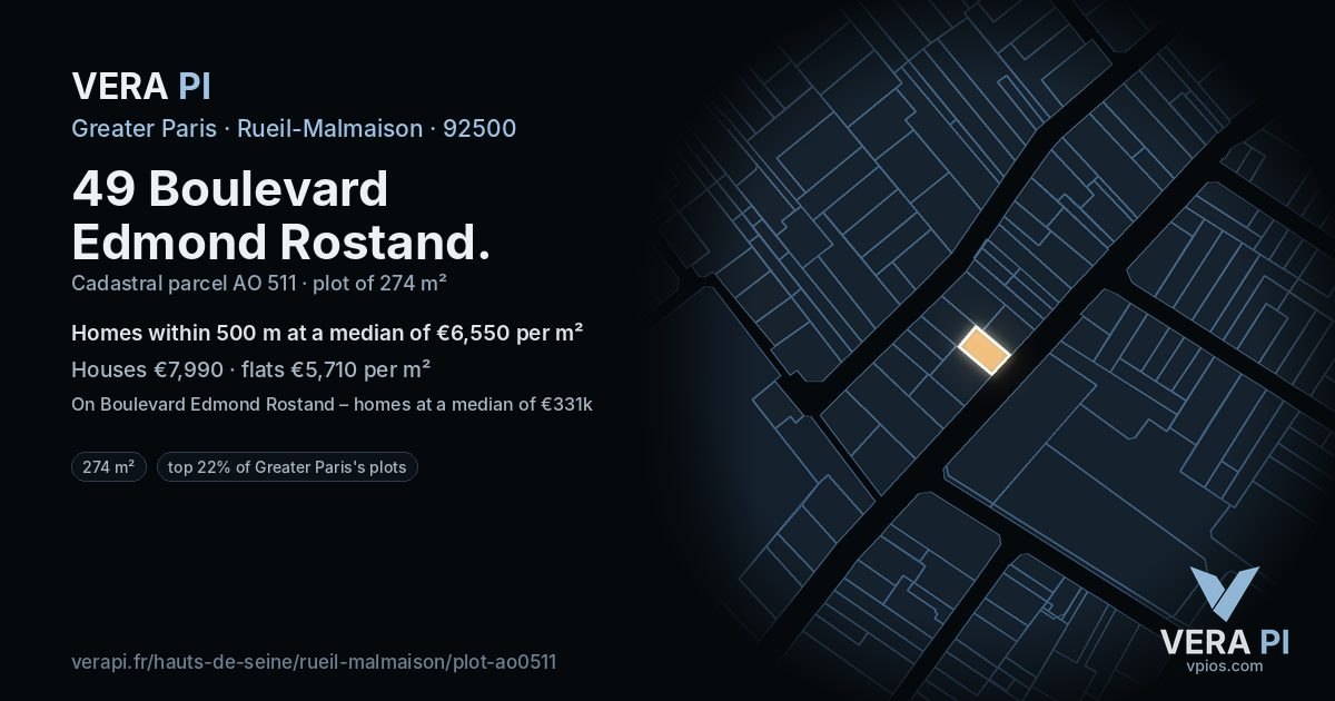 49 Boulevard Edmond Rostand, Rueil-Malmaison at night – the plot lit, the parcels around coloured by the prices near them