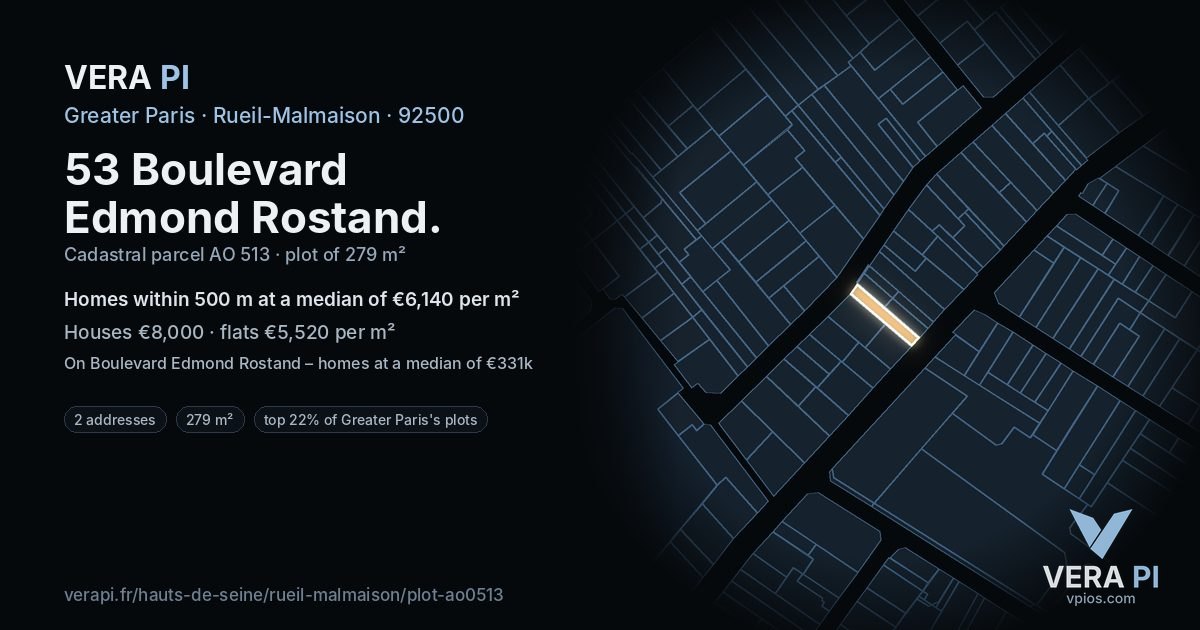 53 Boulevard Edmond Rostand, Rueil-Malmaison at night – the plot lit, the parcels around coloured by the prices near them