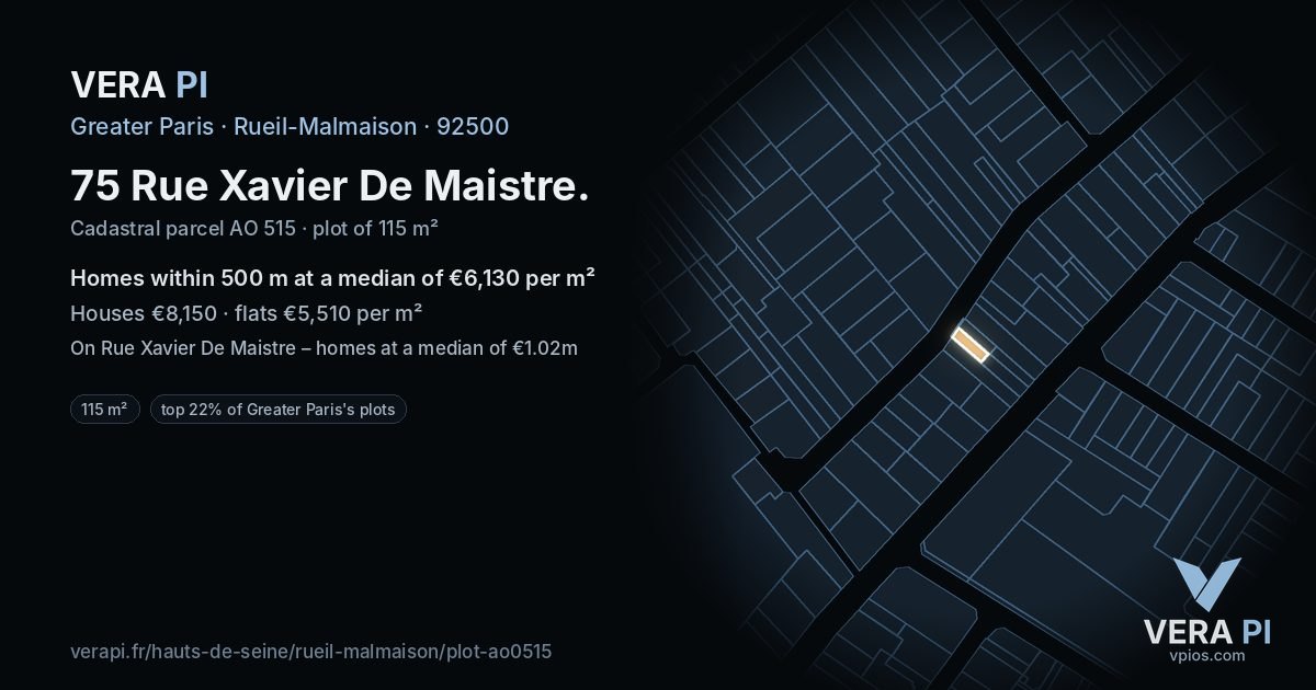 75 Rue Xavier De Maistre, Rueil-Malmaison at night – the plot lit, the parcels around coloured by the prices near them