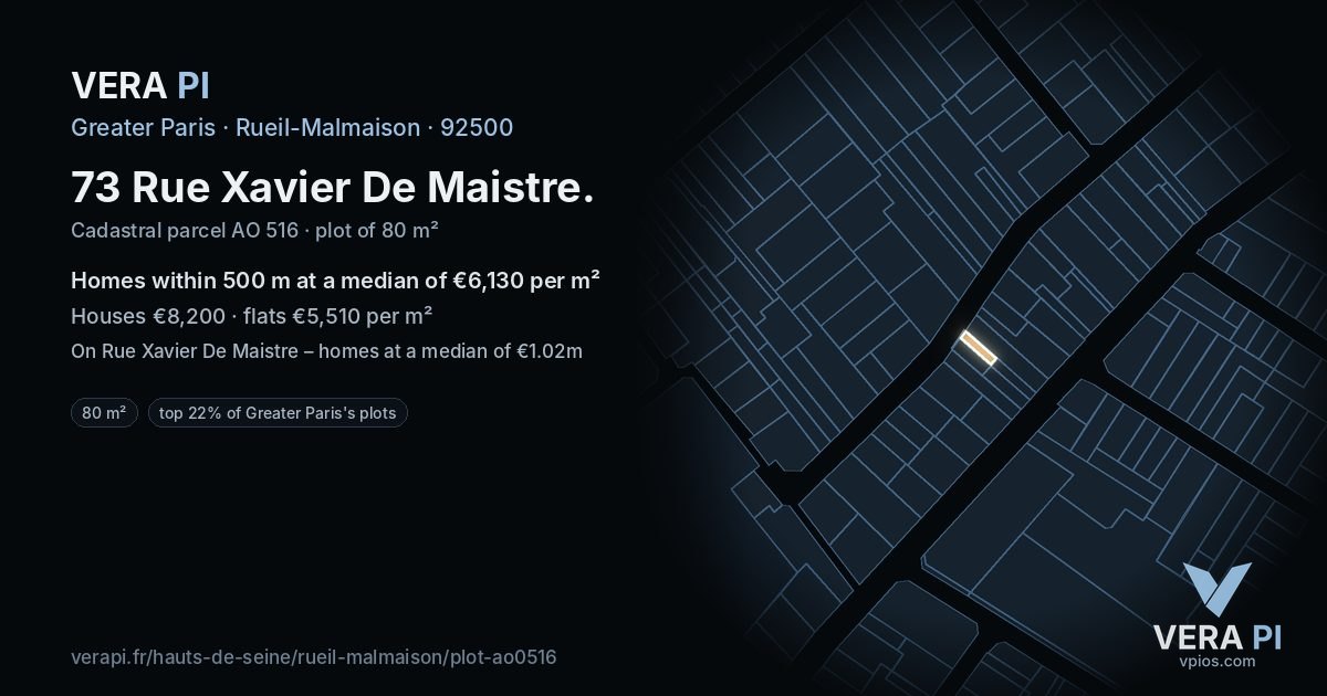73 Rue Xavier De Maistre, Rueil-Malmaison at night – the plot lit, the parcels around coloured by the prices near them