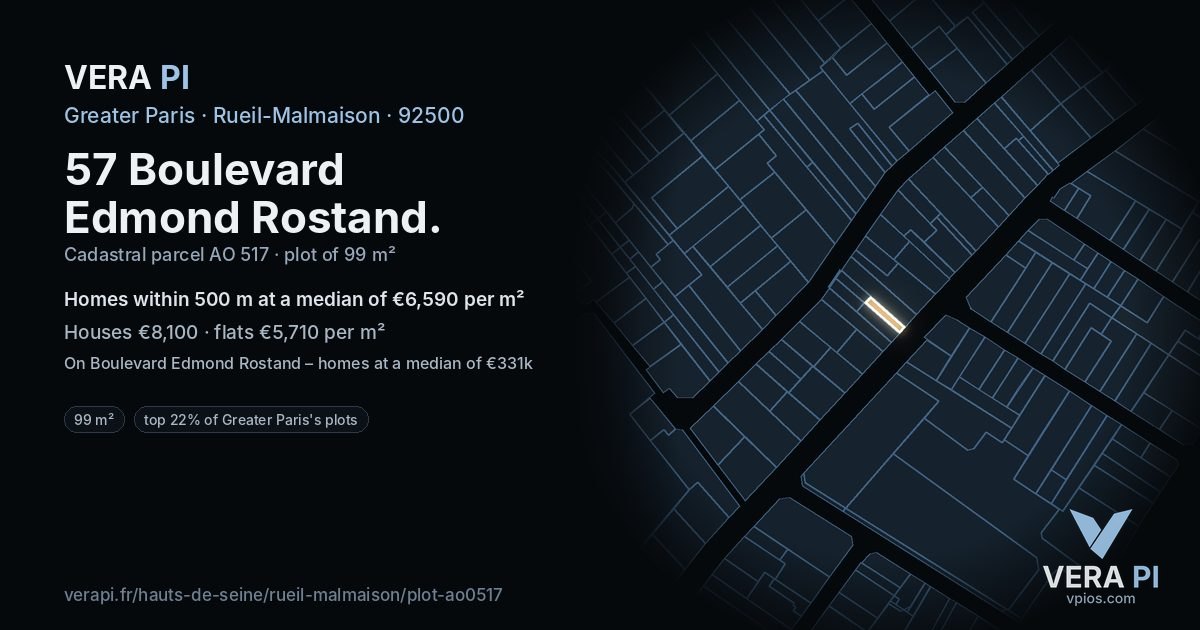 57 Boulevard Edmond Rostand, Rueil-Malmaison at night – the plot lit, the parcels around coloured by the prices near them