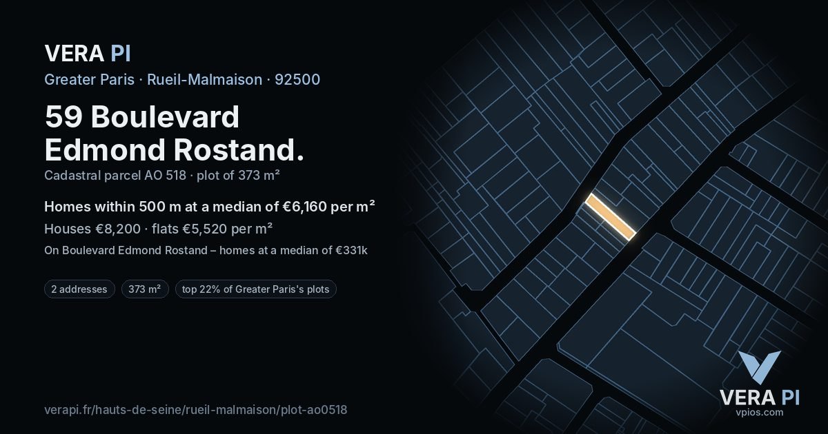 59 Boulevard Edmond Rostand, Rueil-Malmaison at night – the plot lit, the parcels around coloured by the prices near them