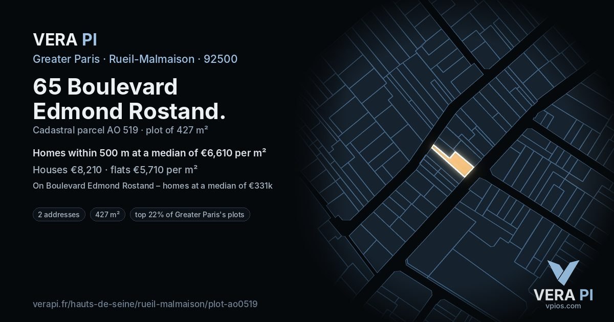 65 Boulevard Edmond Rostand, Rueil-Malmaison at night – the plot lit, the parcels around coloured by the prices near them