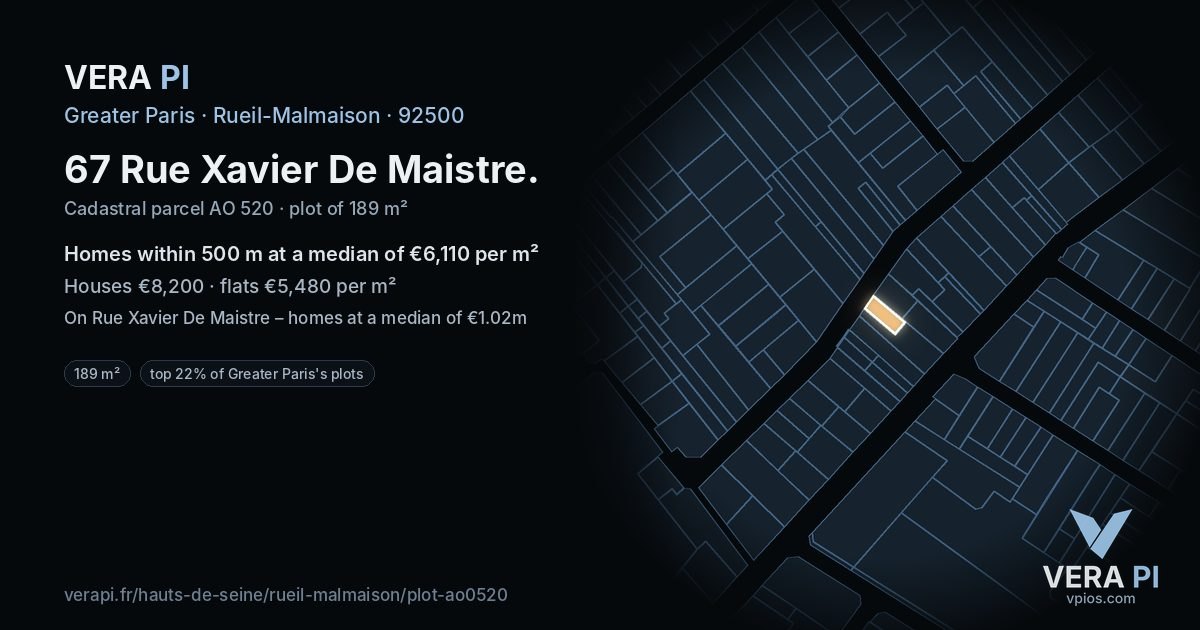 67 Rue Xavier De Maistre, Rueil-Malmaison at night – the plot lit, the parcels around coloured by the prices near them