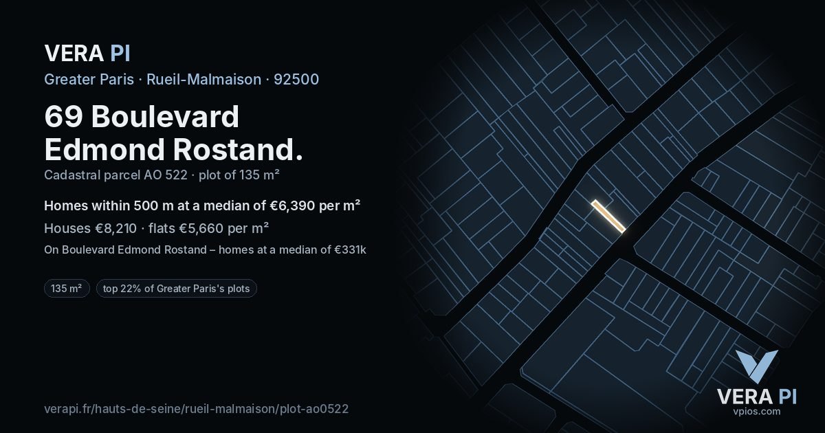 69 Boulevard Edmond Rostand, Rueil-Malmaison at night – the plot lit, the parcels around coloured by the prices near them