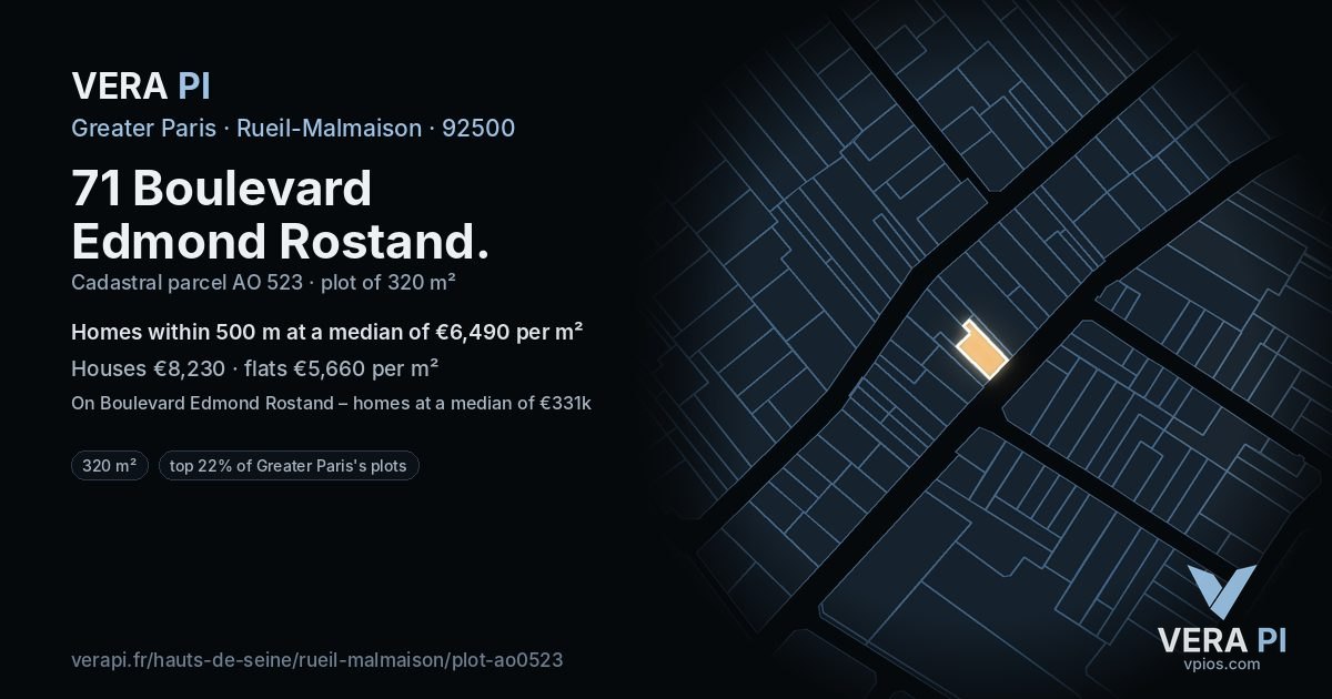 71 Boulevard Edmond Rostand, Rueil-Malmaison at night – the plot lit, the parcels around coloured by the prices near them