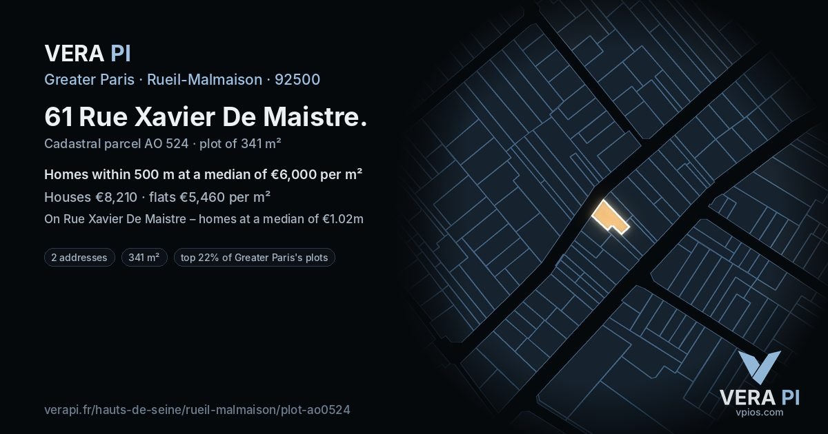 61 Rue Xavier De Maistre, Rueil-Malmaison at night – the plot lit, the parcels around coloured by the prices near them