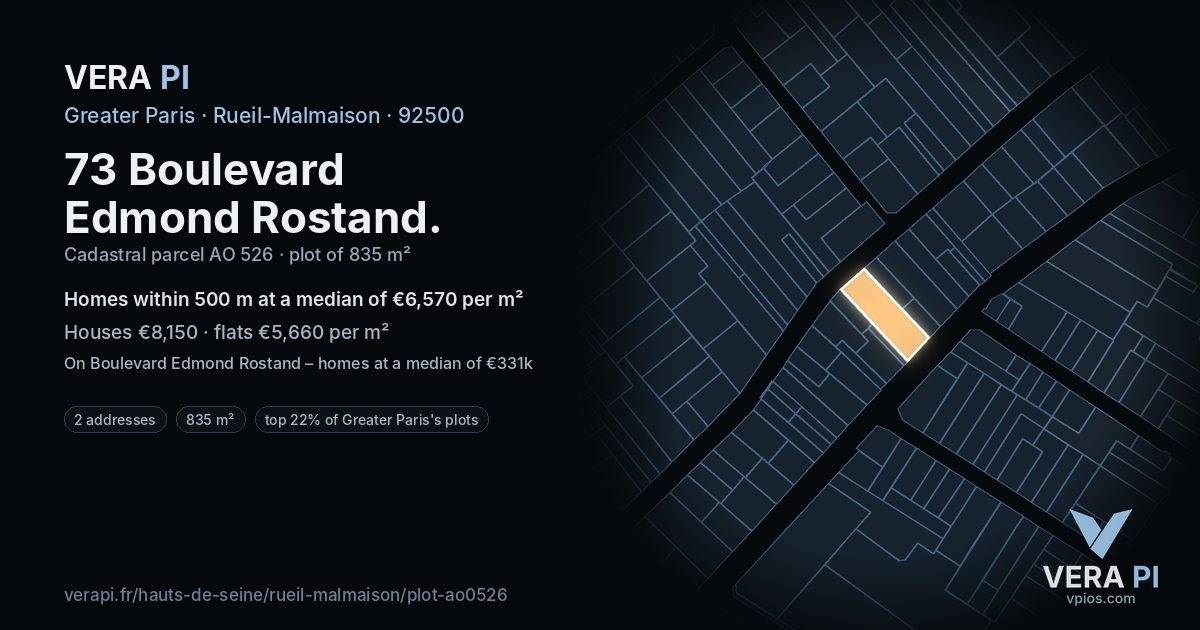 73 Boulevard Edmond Rostand, Rueil-Malmaison at night – the plot lit, the parcels around coloured by the prices near them