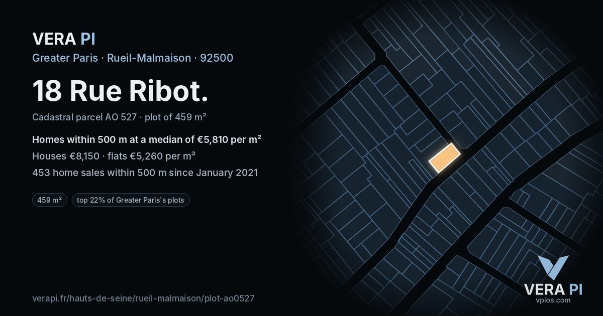 18 Rue Ribot, Rueil-Malmaison at night – the plot lit, the parcels around coloured by the prices near them