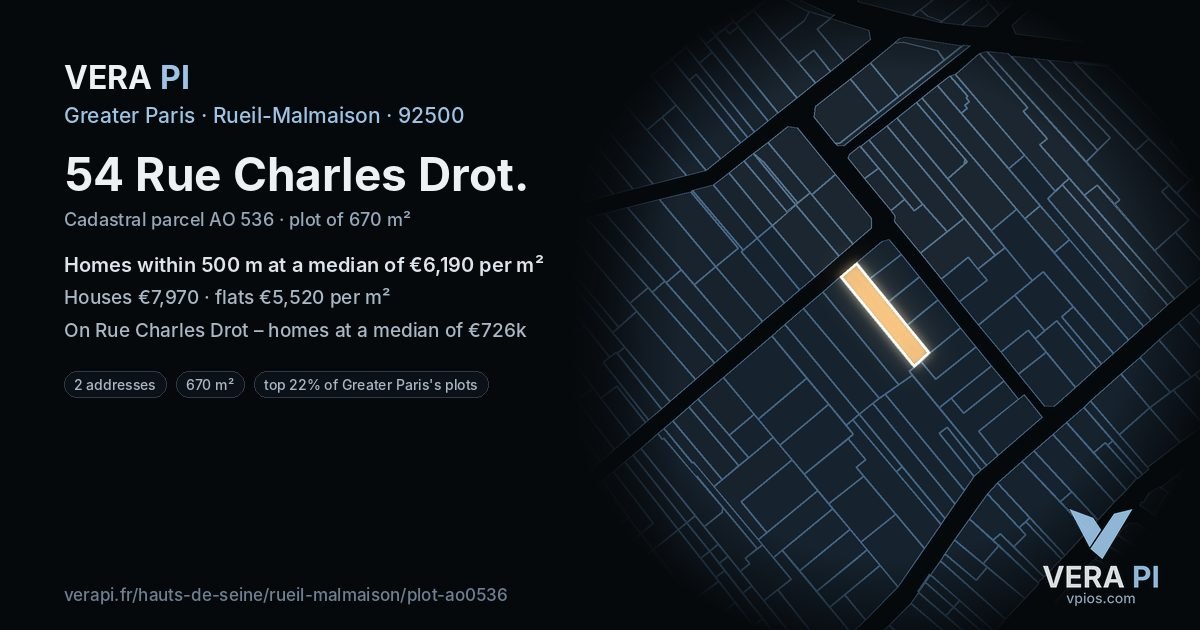 54 Rue Charles Drot, Rueil-Malmaison at night – the plot lit, the parcels around coloured by the prices near them