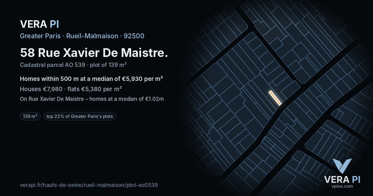 58 Rue Xavier De Maistre, Rueil-Malmaison at night – the plot lit, the parcels around coloured by the prices near them