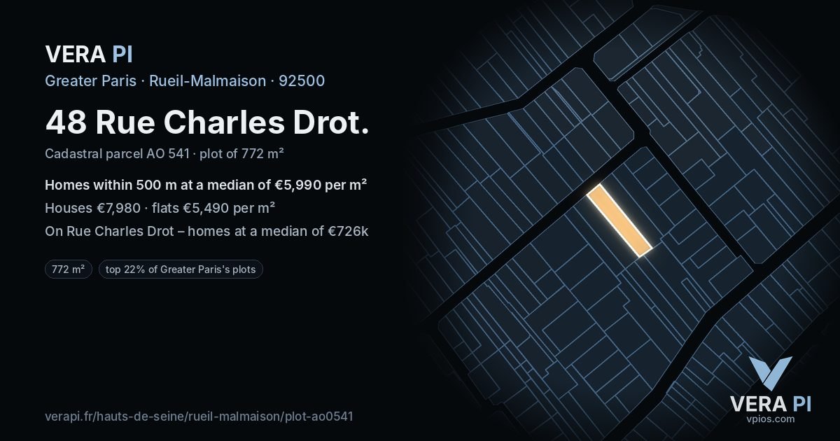 48 Rue Charles Drot, Rueil-Malmaison at night – the plot lit, the parcels around coloured by the prices near them