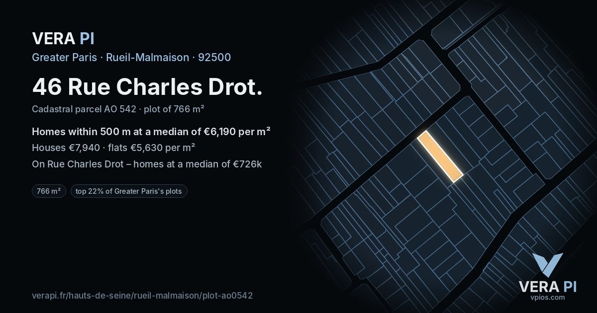 46 Rue Charles Drot, Rueil-Malmaison at night – the plot lit, the parcels around coloured by the prices near them