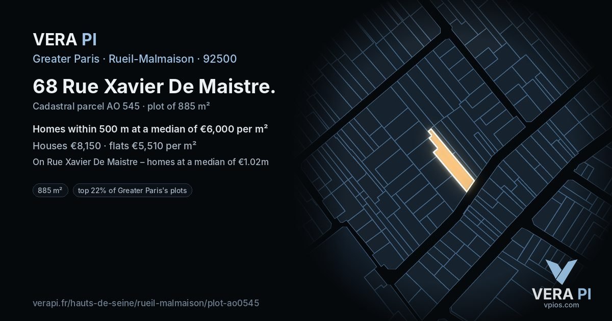68 Rue Xavier De Maistre, Rueil-Malmaison at night – the plot lit, the parcels around coloured by the prices near them