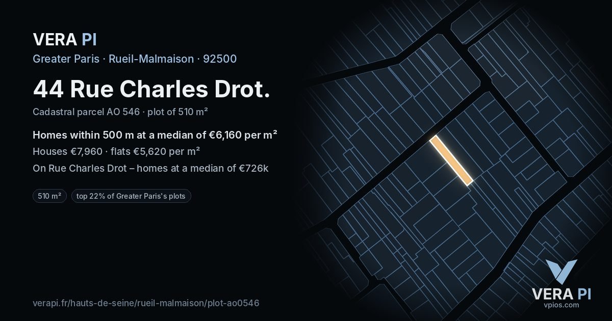 44 Rue Charles Drot, Rueil-Malmaison at night – the plot lit, the parcels around coloured by the prices near them