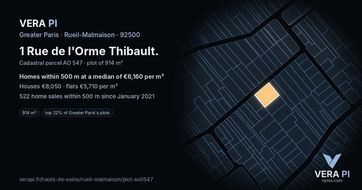 1 Rue de l'Orme Thibault, Rueil-Malmaison at night – the plot lit, the parcels around coloured by the prices near them