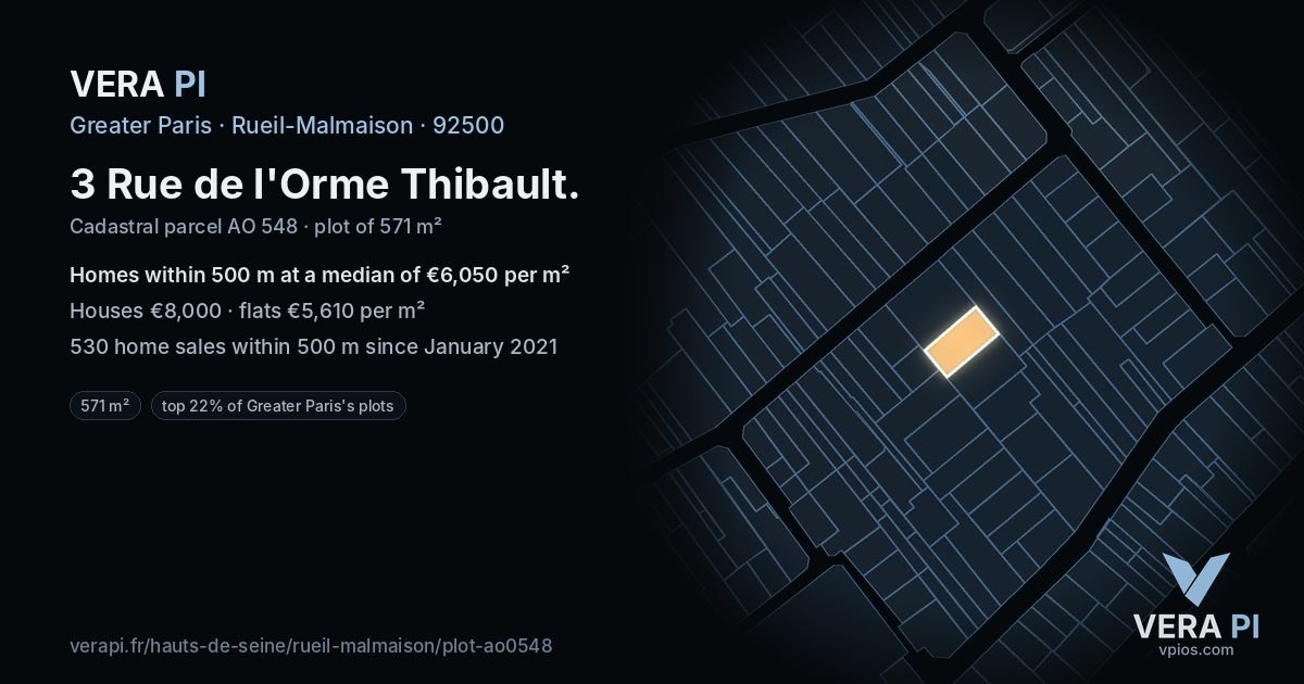 3 Rue de l'Orme Thibault, Rueil-Malmaison at night – the plot lit, the parcels around coloured by the prices near them