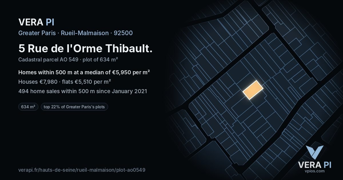 5 Rue de l'Orme Thibault, Rueil-Malmaison at night – the plot lit, the parcels around coloured by the prices near them
