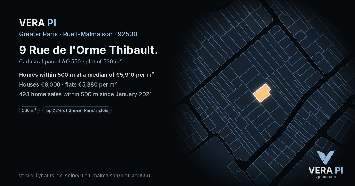 9 Rue de l'Orme Thibault, Rueil-Malmaison at night – the plot lit, the parcels around coloured by the prices near them