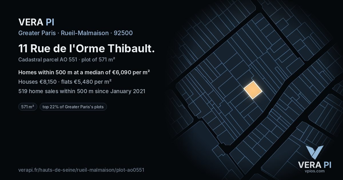 11 Rue de l'Orme Thibault, Rueil-Malmaison at night – the plot lit, the parcels around coloured by the prices near them