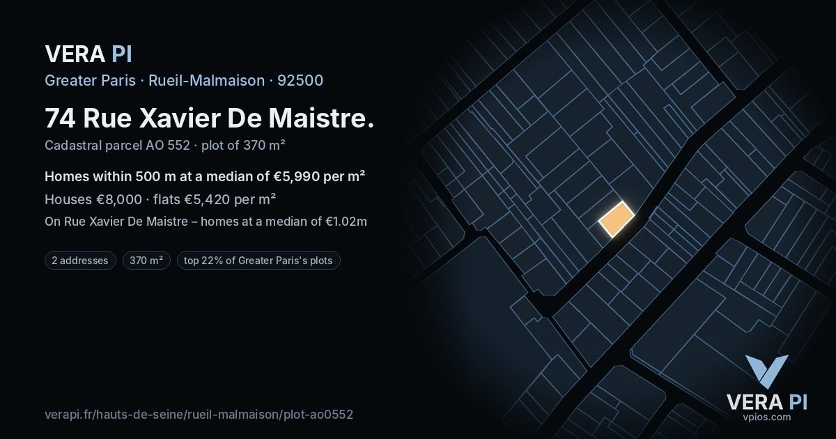 74 Rue Xavier De Maistre, Rueil-Malmaison at night – the plot lit, the parcels around coloured by the prices near them