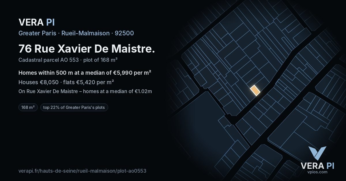 76 Rue Xavier De Maistre, Rueil-Malmaison at night – the plot lit, the parcels around coloured by the prices near them