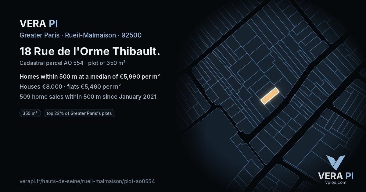 18 Rue de l'Orme Thibault, Rueil-Malmaison at night – the plot lit, the parcels around coloured by the prices near them