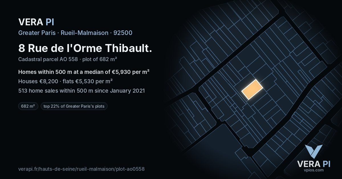 8 Rue de l'Orme Thibault, Rueil-Malmaison at night – the plot lit, the parcels around coloured by the prices near them