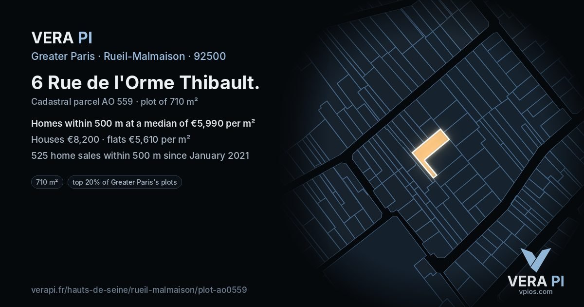 6 Rue de l'Orme Thibault, Rueil-Malmaison at night – the plot lit, the parcels around coloured by the prices near them
