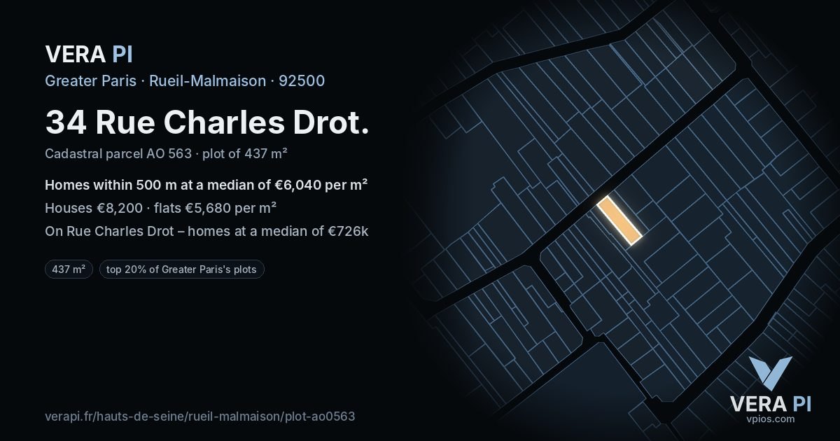 34 Rue Charles Drot, Rueil-Malmaison at night – the plot lit, the parcels around coloured by the prices near them