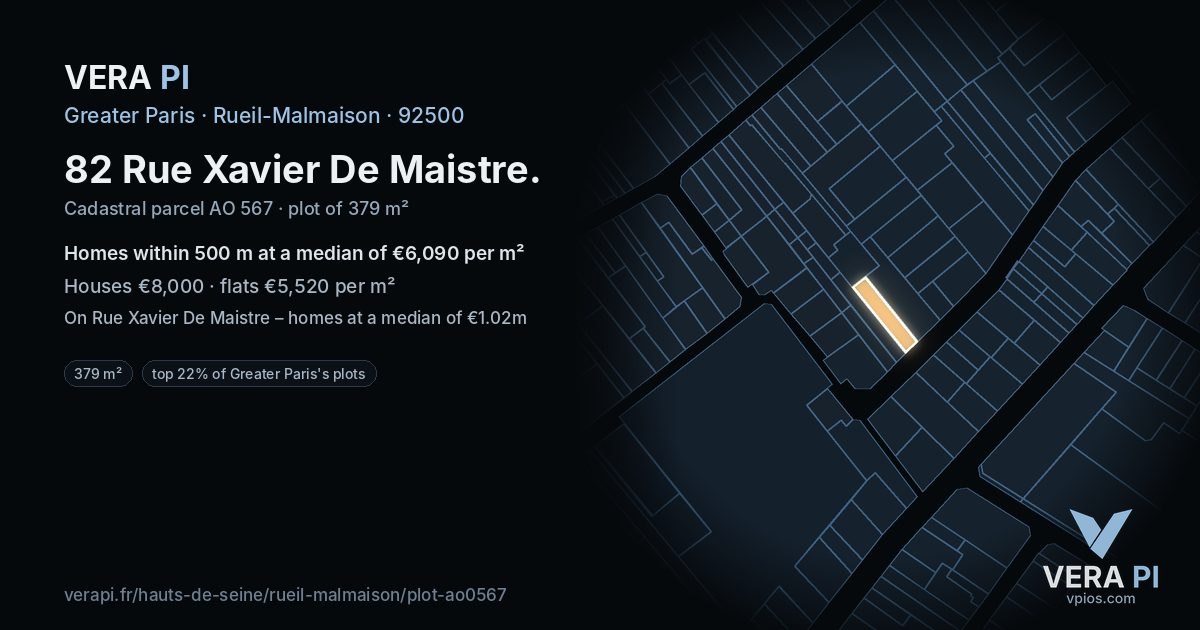 82 Rue Xavier De Maistre, Rueil-Malmaison at night – the plot lit, the parcels around coloured by the prices near them
