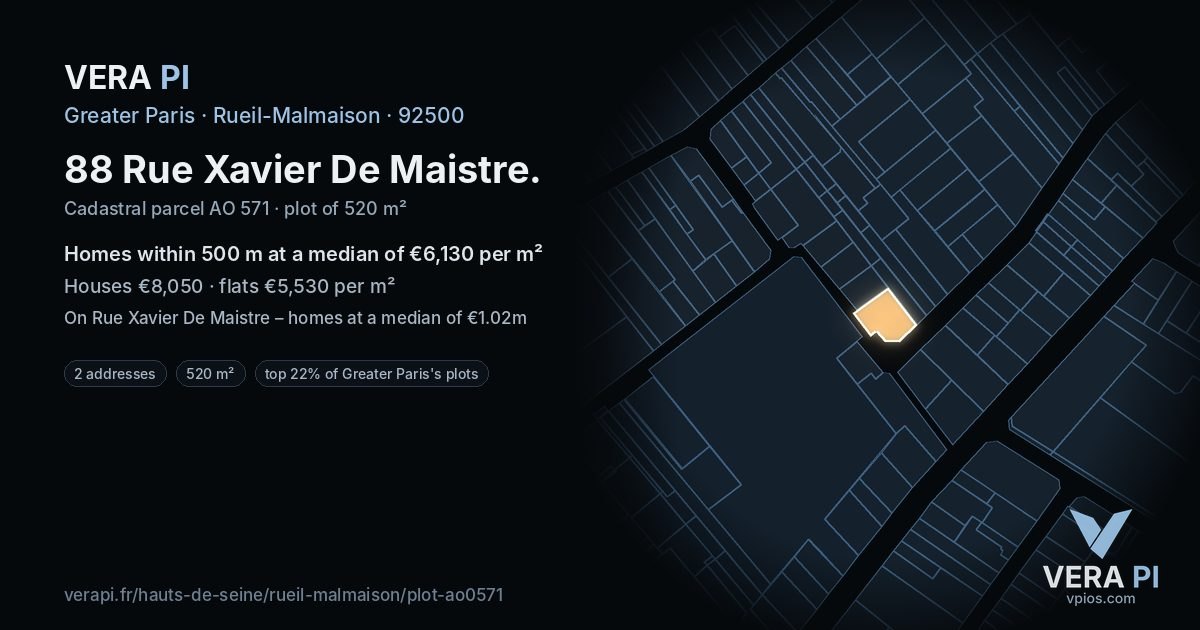 88 Rue Xavier De Maistre, Rueil-Malmaison at night – the plot lit, the parcels around coloured by the prices near them