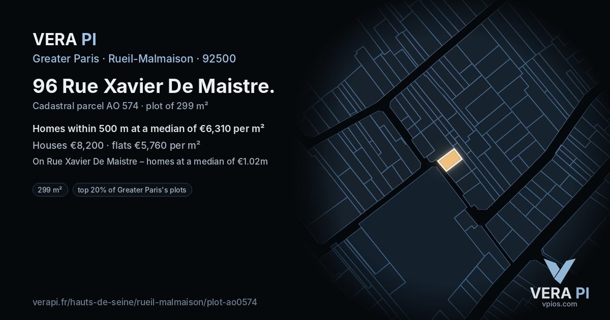 96 Rue Xavier De Maistre, Rueil-Malmaison at night – the plot lit, the parcels around coloured by the prices near them