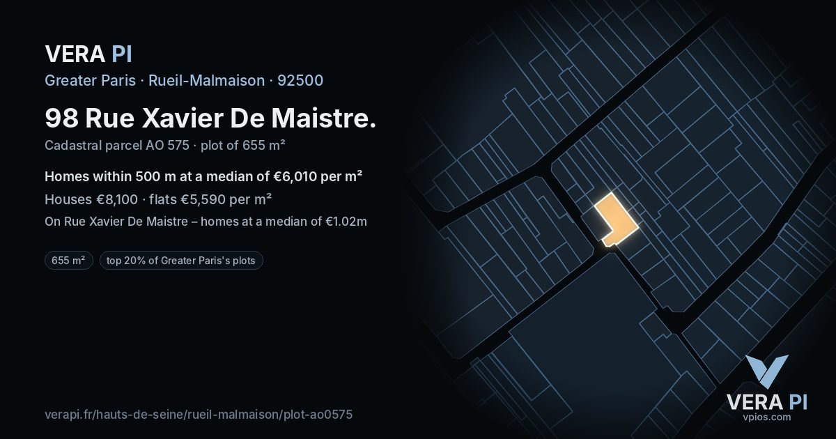 98 Rue Xavier De Maistre, Rueil-Malmaison at night – the plot lit, the parcels around coloured by the prices near them