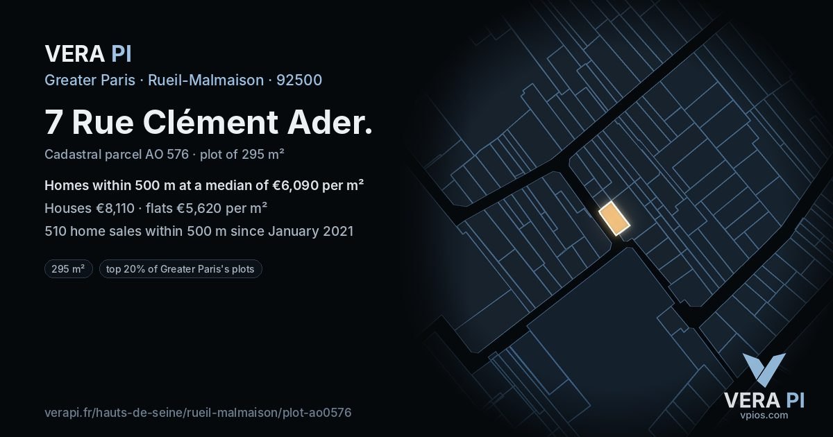 7 Rue Clément Ader, Rueil-Malmaison at night – the plot lit, the parcels around coloured by the prices near them