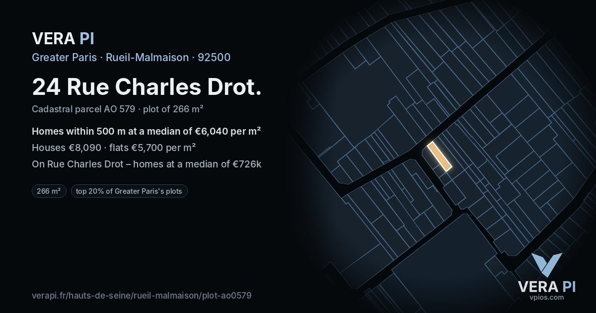 24 Rue Charles Drot, Rueil-Malmaison at night – the plot lit, the parcels around coloured by the prices near them