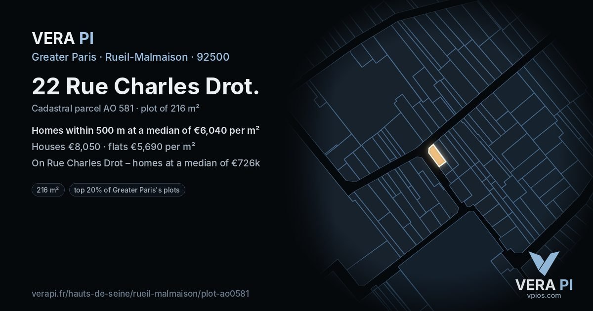 22 Rue Charles Drot, Rueil-Malmaison at night – the plot lit, the parcels around coloured by the prices near them
