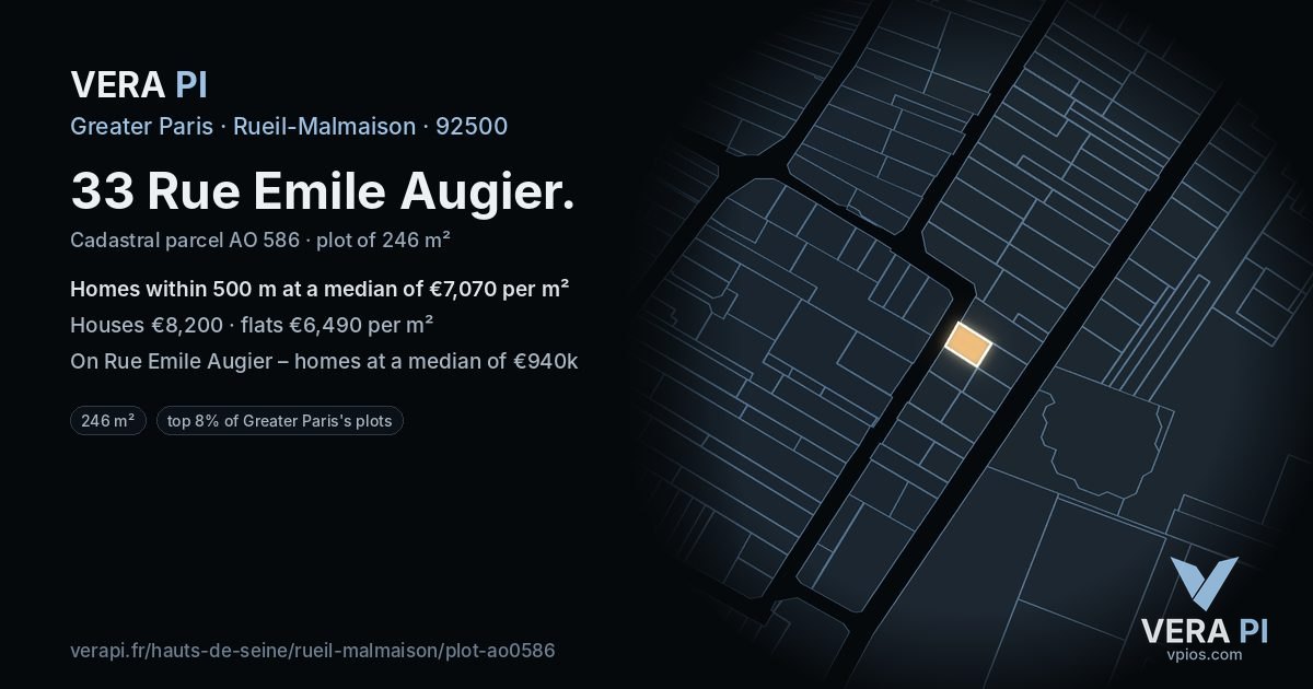 33 Rue Emile Augier, Rueil-Malmaison at night – the plot lit, the parcels around coloured by the prices near them