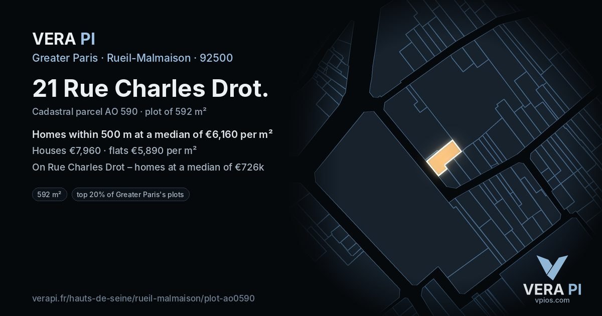 21 Rue Charles Drot, Rueil-Malmaison at night – the plot lit, the parcels around coloured by the prices near them