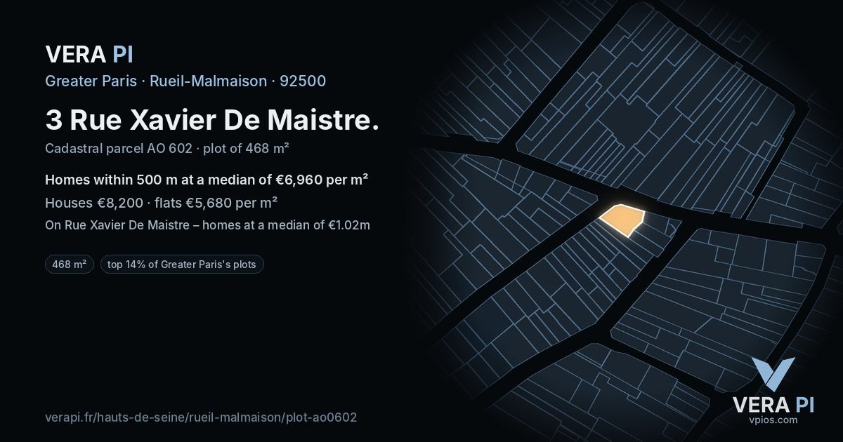 3 Rue Xavier De Maistre, Rueil-Malmaison at night – the plot lit, the parcels around coloured by the prices near them