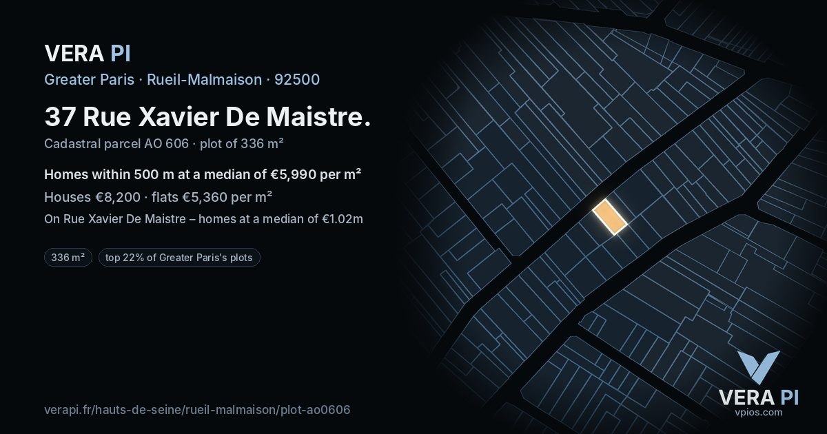 37 Rue Xavier De Maistre, Rueil-Malmaison at night – the plot lit, the parcels around coloured by the prices near them
