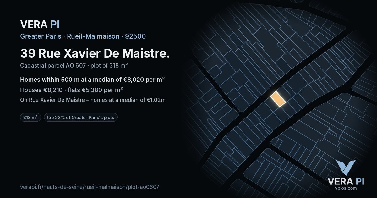 39 Rue Xavier De Maistre, Rueil-Malmaison at night – the plot lit, the parcels around coloured by the prices near them