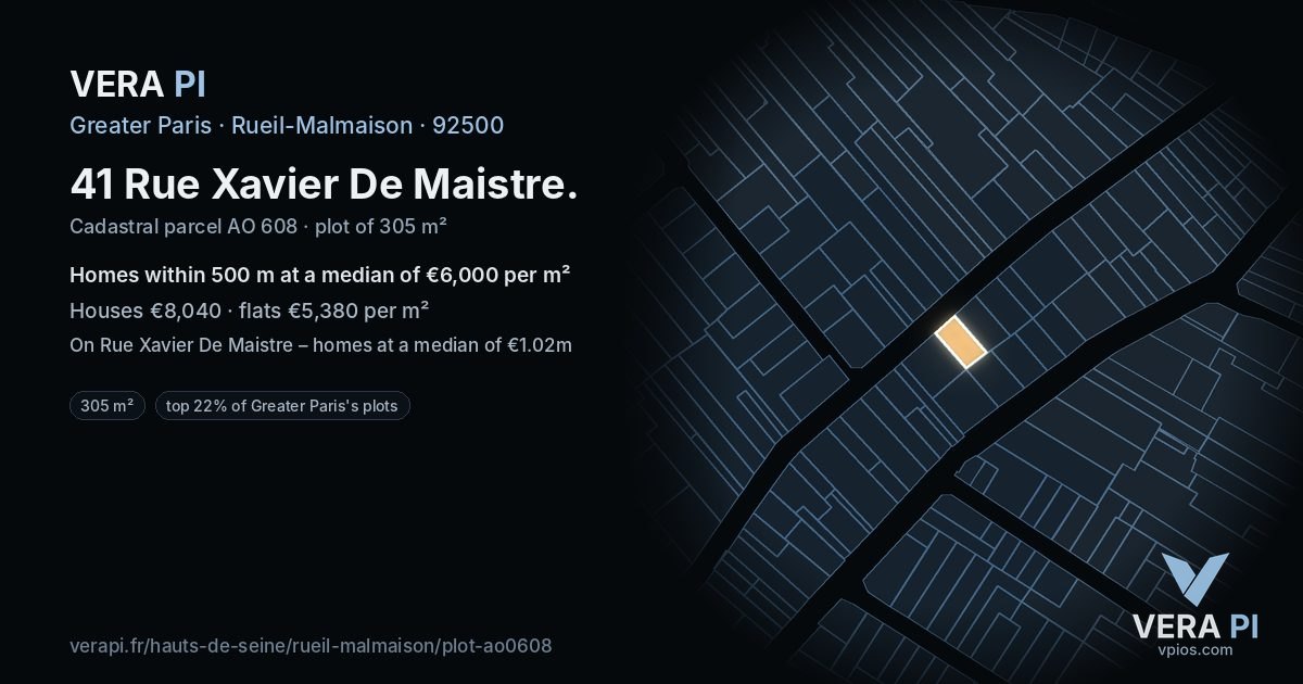 41 Rue Xavier De Maistre, Rueil-Malmaison at night – the plot lit, the parcels around coloured by the prices near them